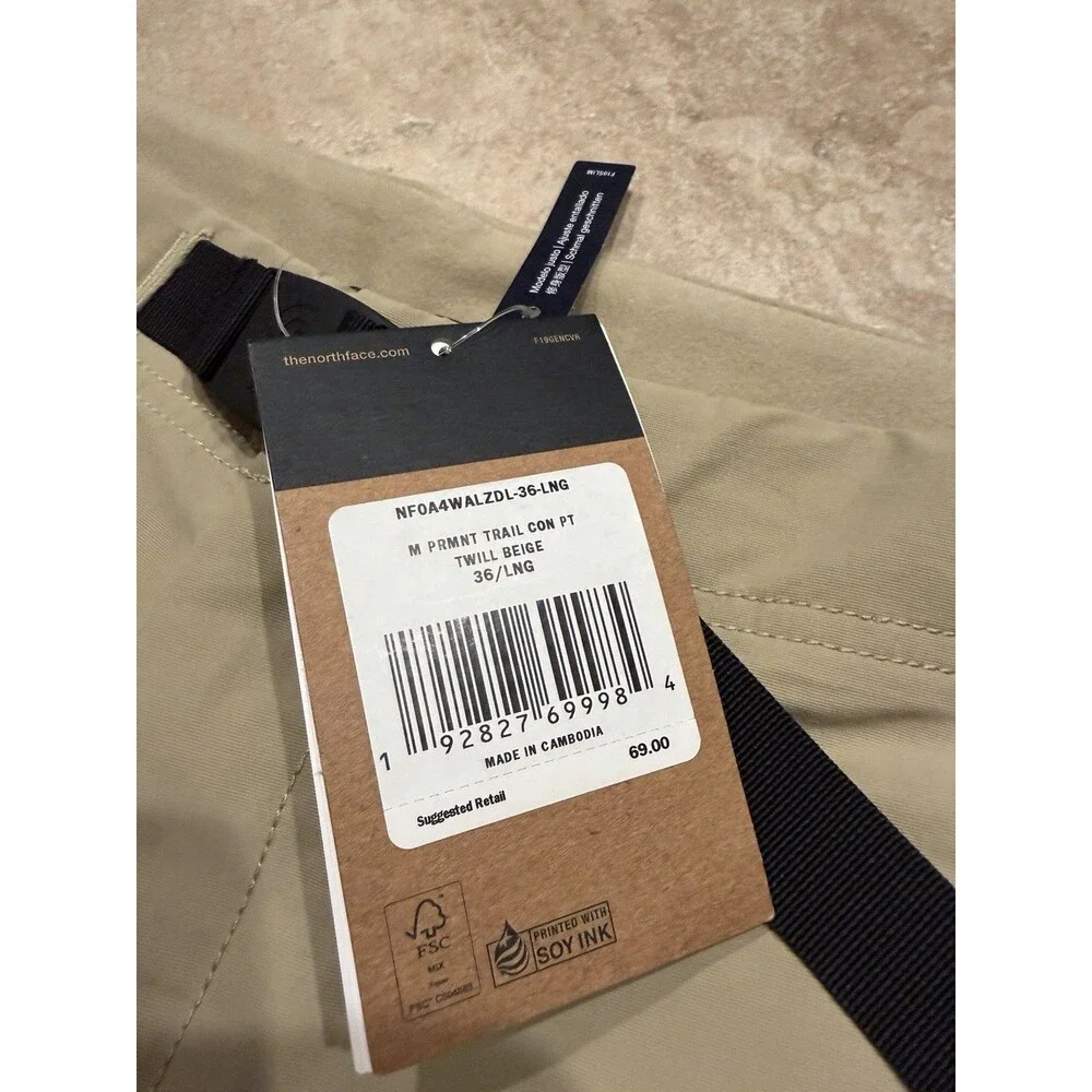 North Face Pants Men 36x34 Paramount Trail Convertible Belted Beige Slim Fit NEW